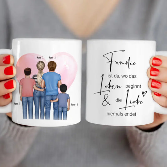 Personalisierte Tasse - Familie + 2 Babys/Kinder/Teenager stehend