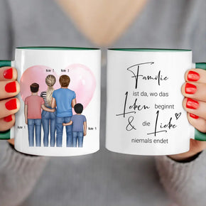 Personalisierte Tasse - Familie + 2 Babys/Kinder/Teenager stehend