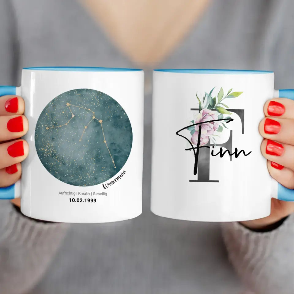 Personalisierte Sternzeichen Tasse mit Name und Datum