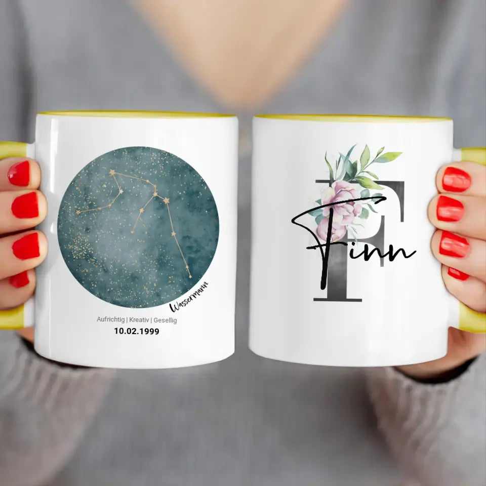 Personalisierte Sternzeichen Tasse mit Name und Datum