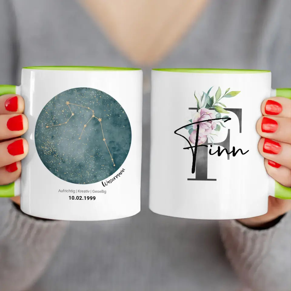 Personalisierte Sternzeichen Tasse mit Name und Datum