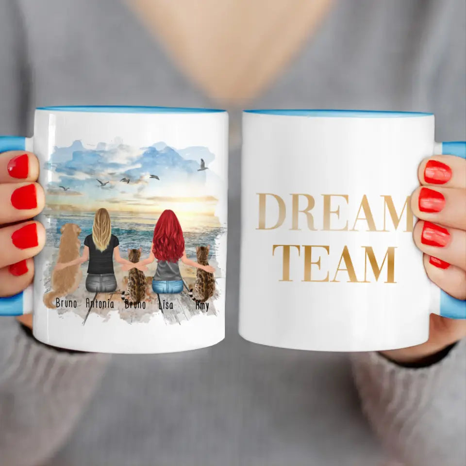 Personalisierte Tasse 2 Frauen + 1 Hund + 2 Katzen