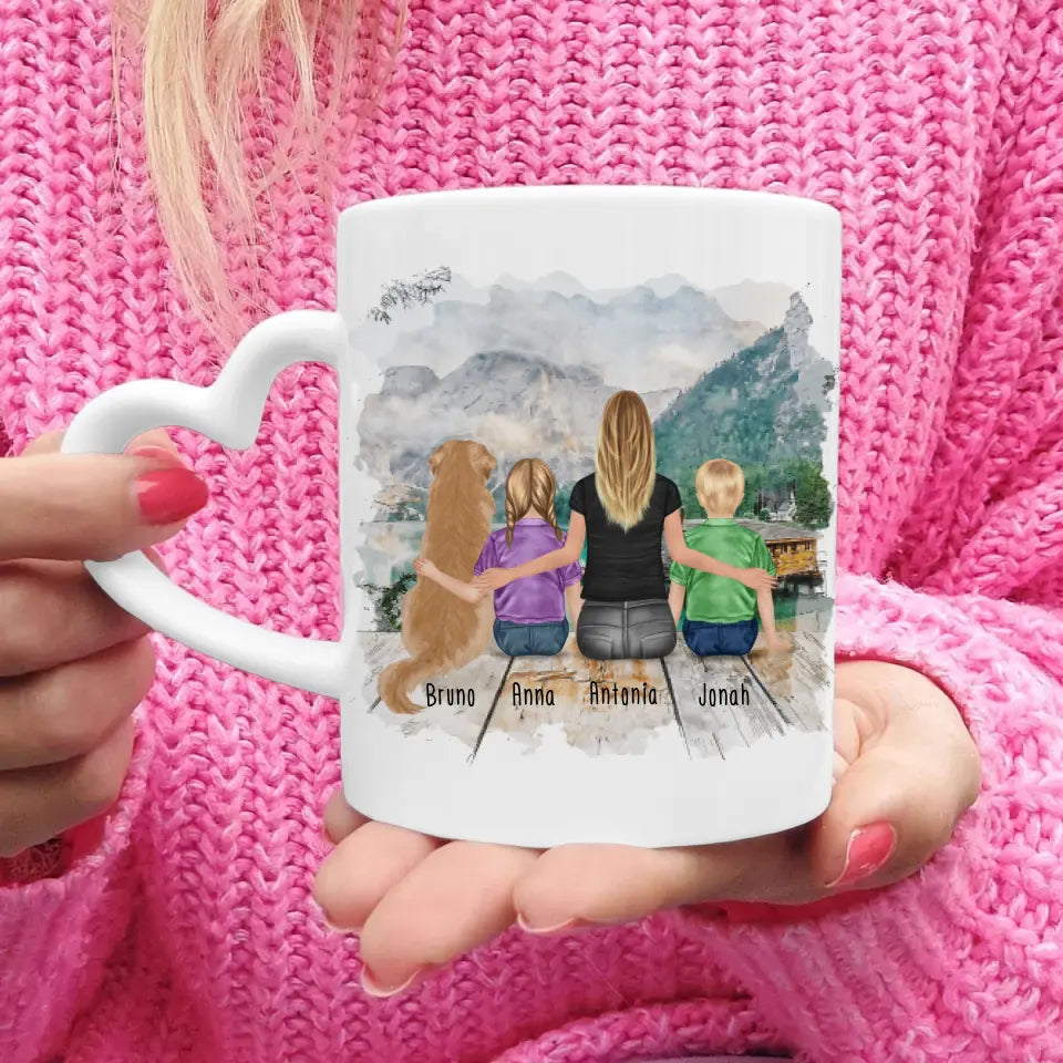 Personalisierte Tasse mit 1 Frau + 2 Kindern + 1 Hund