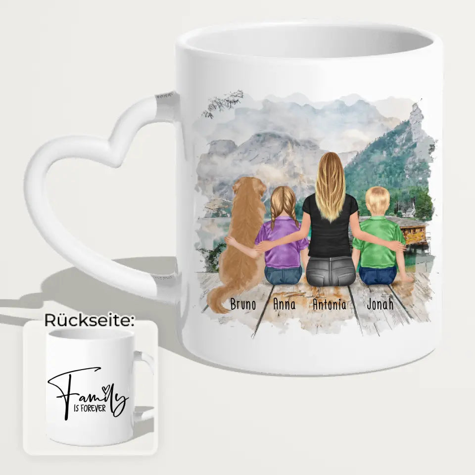 Personalisierte Tasse mit 1 Frau + 2 Kindern + 1 Hund