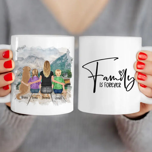 Personalisierte Tasse mit 1 Frau + 2 Kindern + 1 Hund