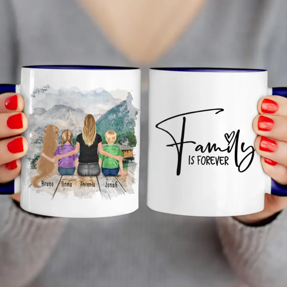 Personalisierte Tasse mit 1 Frau + 2 Kindern + 1 Hund