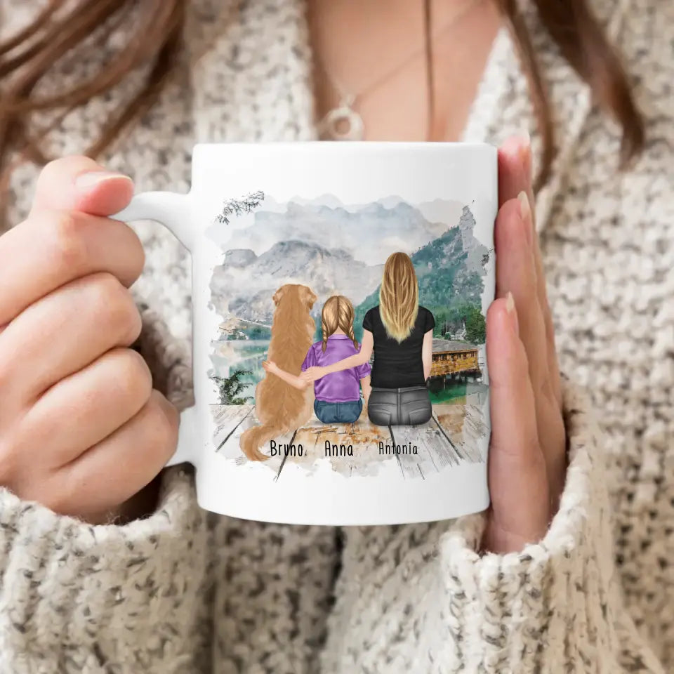 Personalisierte Tasse mit 1 Frau + 1 Kind + 1 Hund