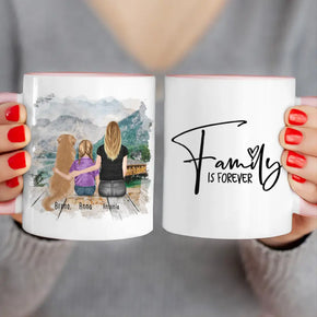 Personalisierte Tasse mit 1 Frau + 1 Kind + 1 Hund