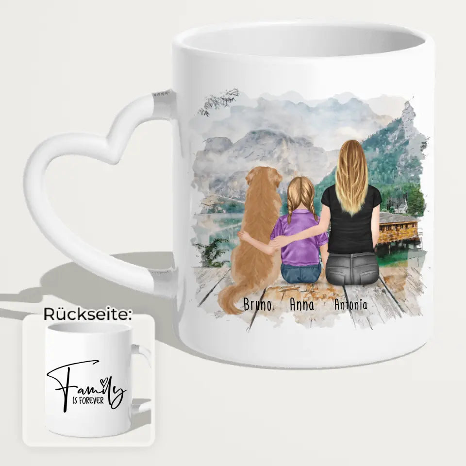Personalisierte Tasse mit 1 Frau + 1 Kind + 1 Hund