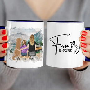 Personalisierte Tasse mit 1 Frau + 1 Kind + 1 Hund