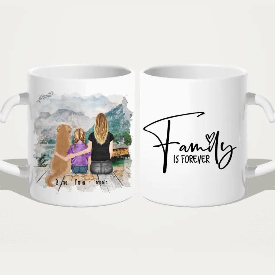 Personalisierte Tasse mit 1 Frau + 1 Kind + 1 Hund