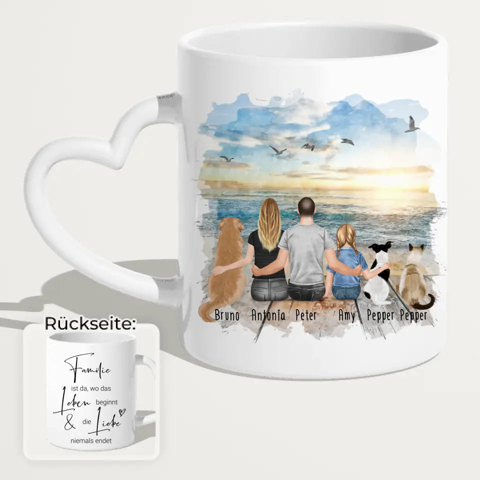 Personalisierte Tasse mit Familie + 2 Hunde + 1 Katze (1 Kind)