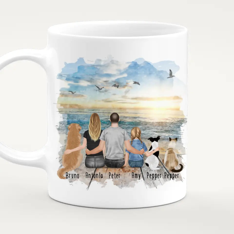 Personalisierte Tasse mit Familie + 2 Hunde + 1 Katze (1 Kind)