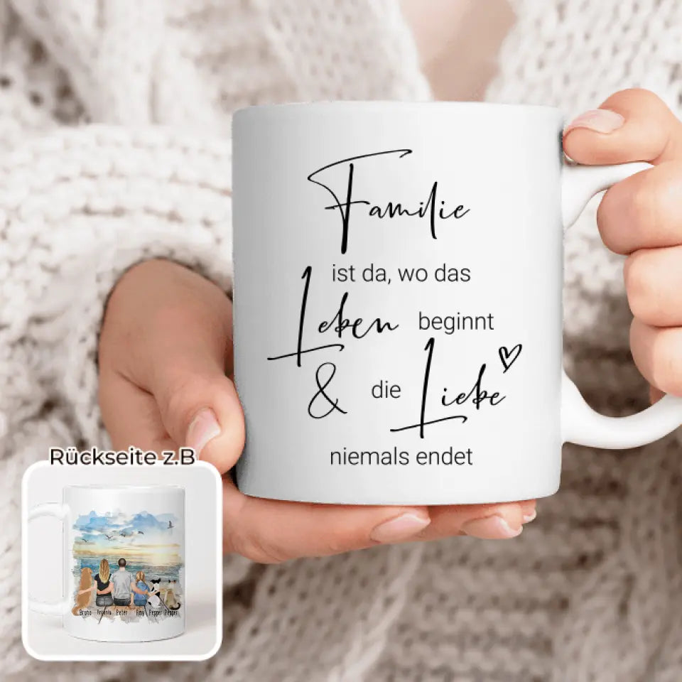 Personalisierte Tasse mit Familie + 2 Hunde + 1 Katze (1 Kind)