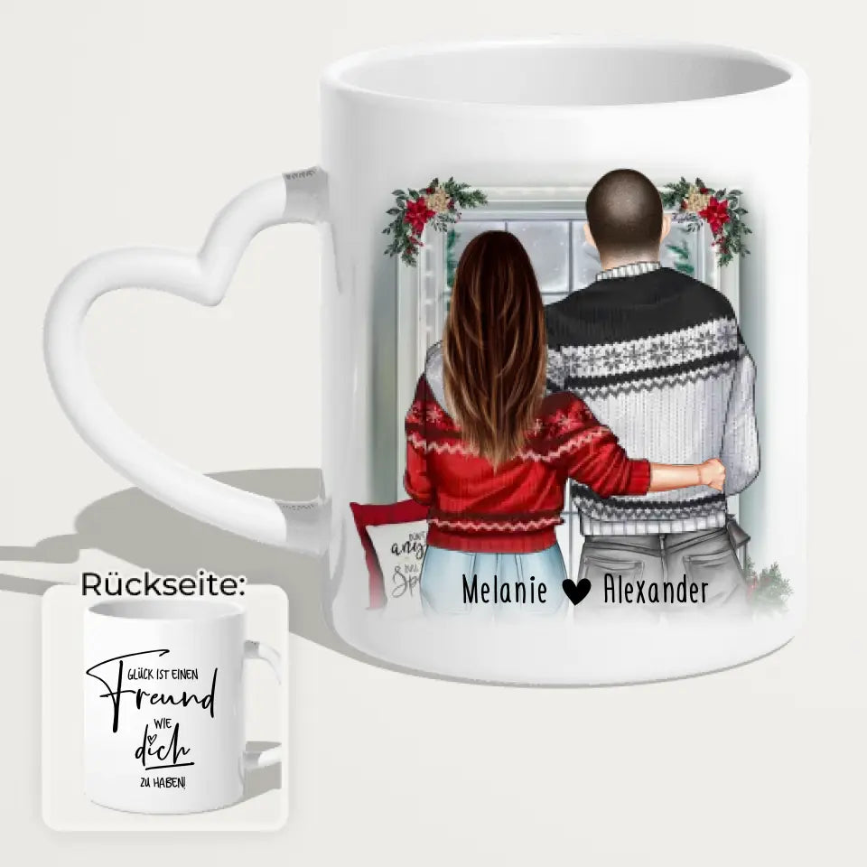 Personalisierte Tasse mit Paar in Weihnachtspullovern (stehend) - Pärchen Tasse - Weihnachtstasse