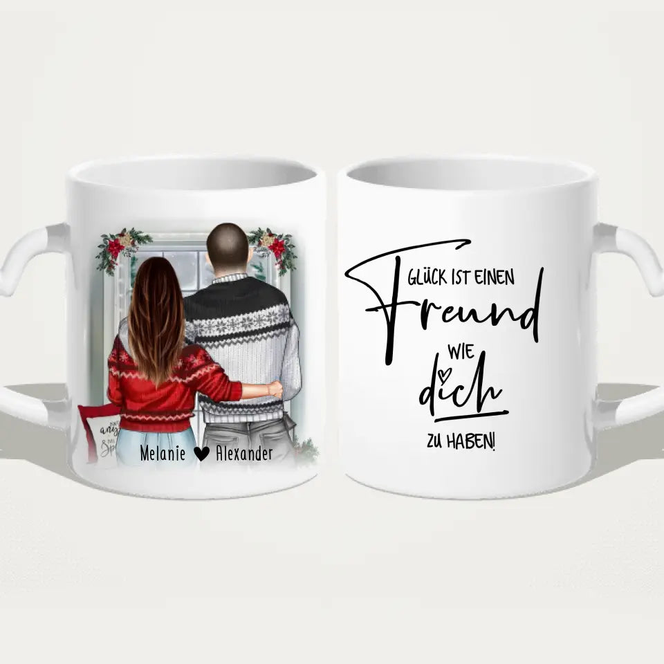 Personalisierte Tasse mit Paar in Weihnachtspullovern (stehend) - Pärchen Tasse - Weihnachtstasse