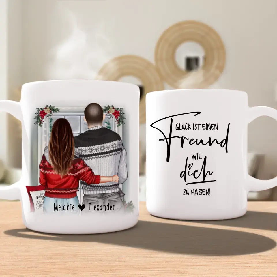 Personalisierte Tasse mit Paar in Weihnachtspullovern (stehend) - Pärchen Tasse - Weihnachtstasse