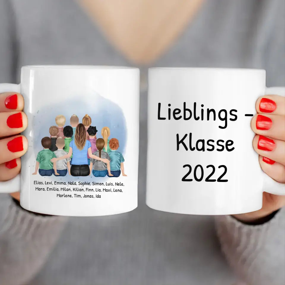 Personalisierte Tasse mit Lehrer/Lehrerin und Schulklasse (11-26 Schüler/Kinder)