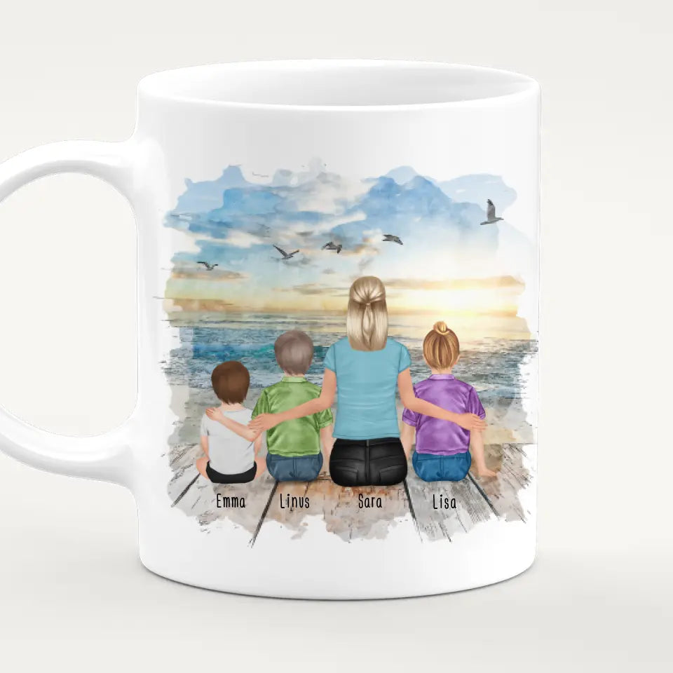 Personalisierte Tasse mit Patin (1 Baby + 2 Kinder + 1 Patin)