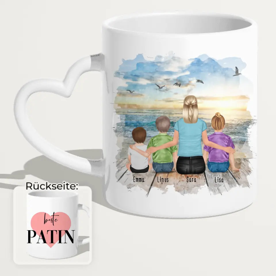 Personalisierte Tasse mit Patin (1 Baby + 2 Kinder + 1 Patin)