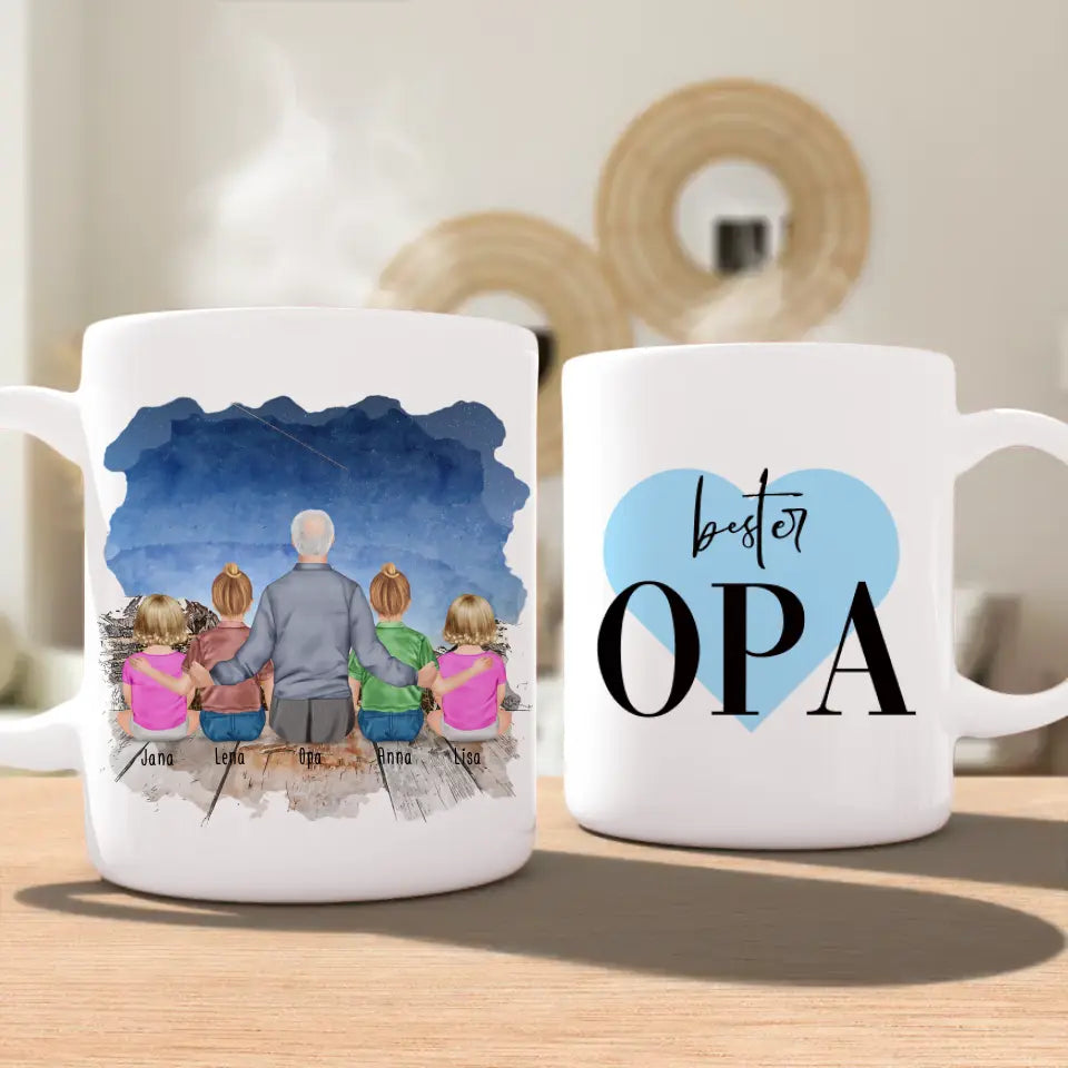 Personalisierte Tasse für Opa (2 Kinder + 2 Babys + 1 Opa)