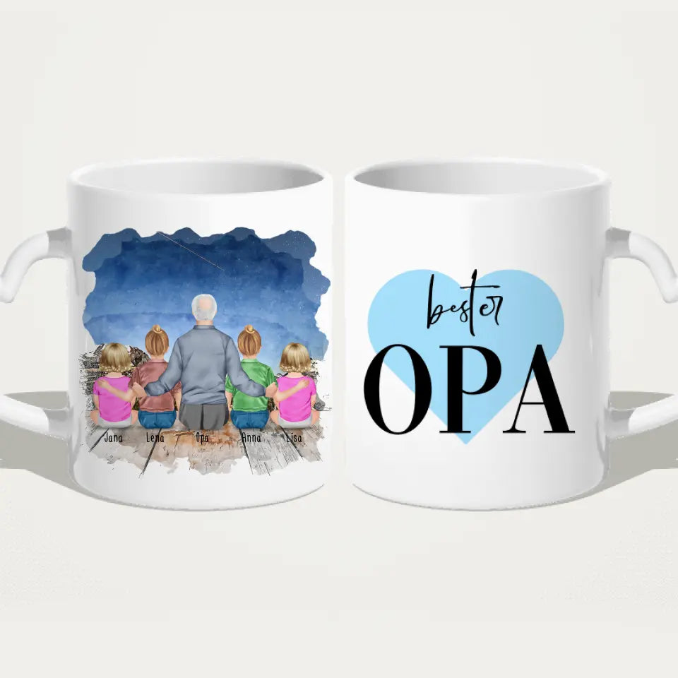 Personalisierte Tasse für Opa (2 Kinder + 2 Babys + 1 Opa)