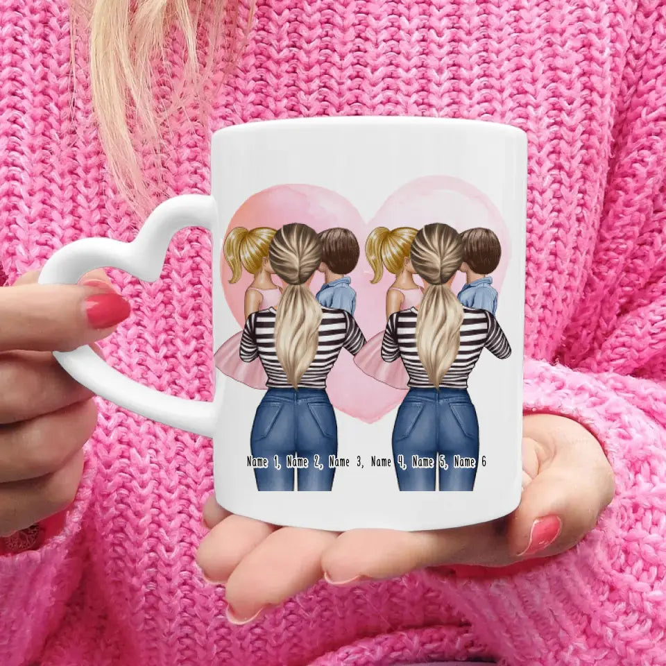 Personalisierte Tasse 2 Frauen mit je 1 Kind & 1 Baby