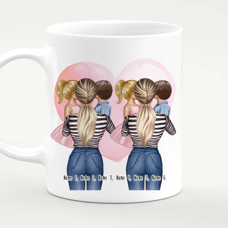 Personalisierte Tasse 2 Frauen mit je 1 Kind & 1 Baby