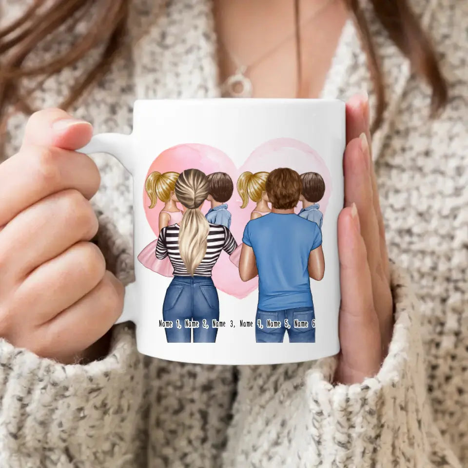 Personalisierte Tasse Mutter/Mama + Vater/Papa mit je 1 Kind & 1 Baby