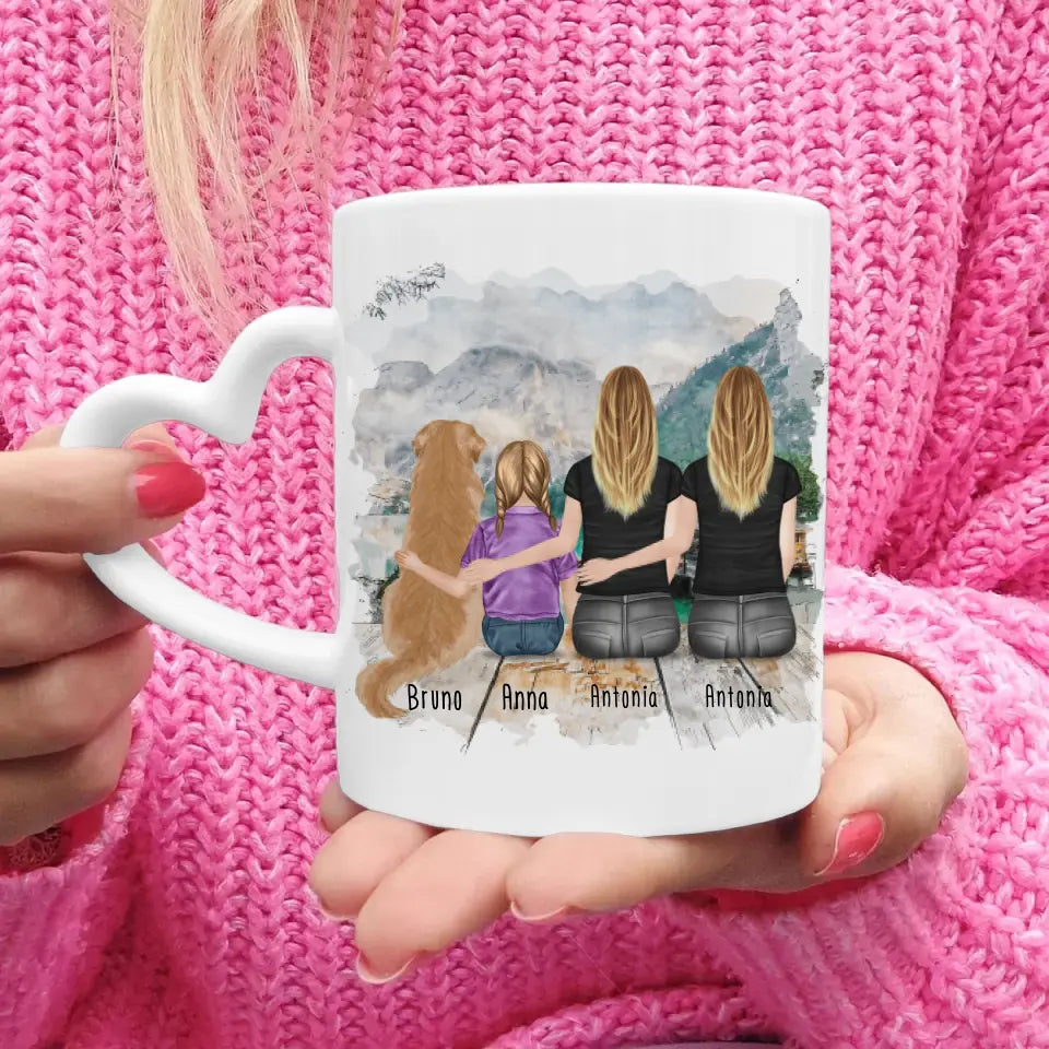 Personalisierte Tasse mit 2 Frauen + 1 Kind + 1 Hund