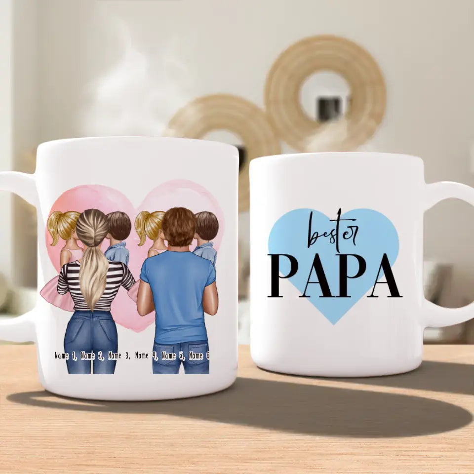 Personalisierte Tasse Mutter/Mama + Vater/Papa mit je 1 Kind & 1 Baby