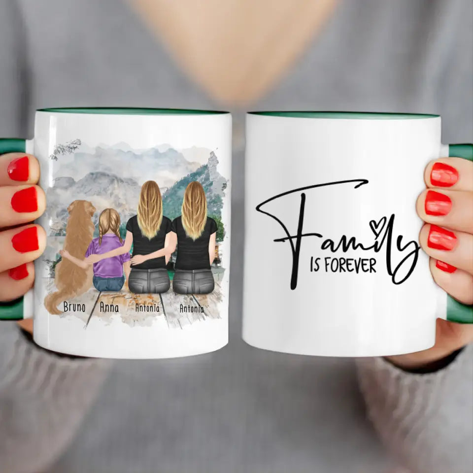 Personalisierte Tasse mit 2 Frauen + 1 Kind + 1 Hund