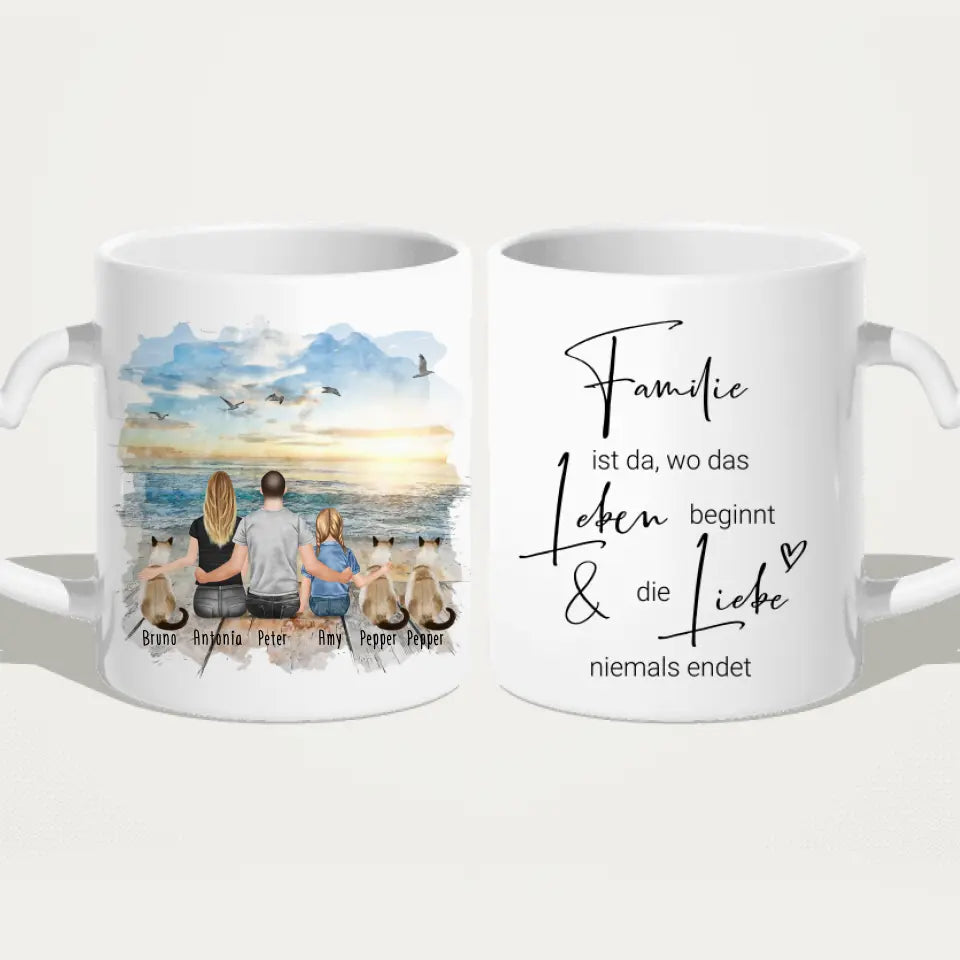 Tasse Familie mit 1 Kind + 3 Katzen