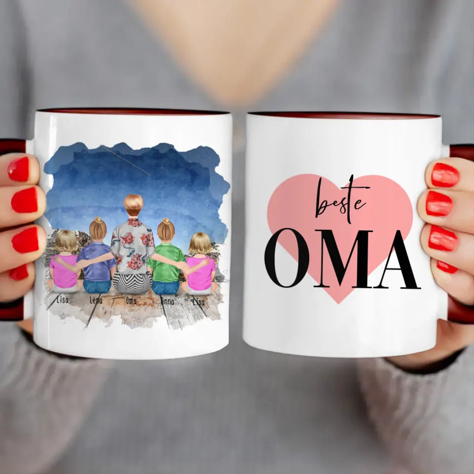 Personalisierte Tasse für Oma (2 Kinder + 2 Babys + 1 Oma)