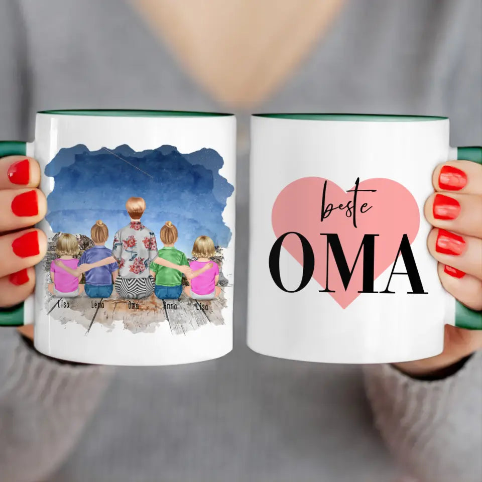 Personalisierte Tasse für Oma (2 Kinder + 2 Babys + 1 Oma)