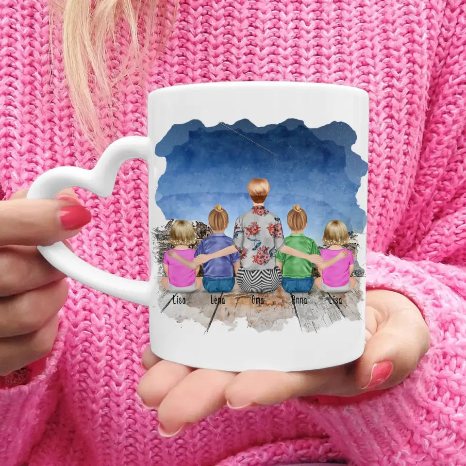 Personalisierte Tasse für Oma (2 Kinder + 2 Babys + 1 Oma)