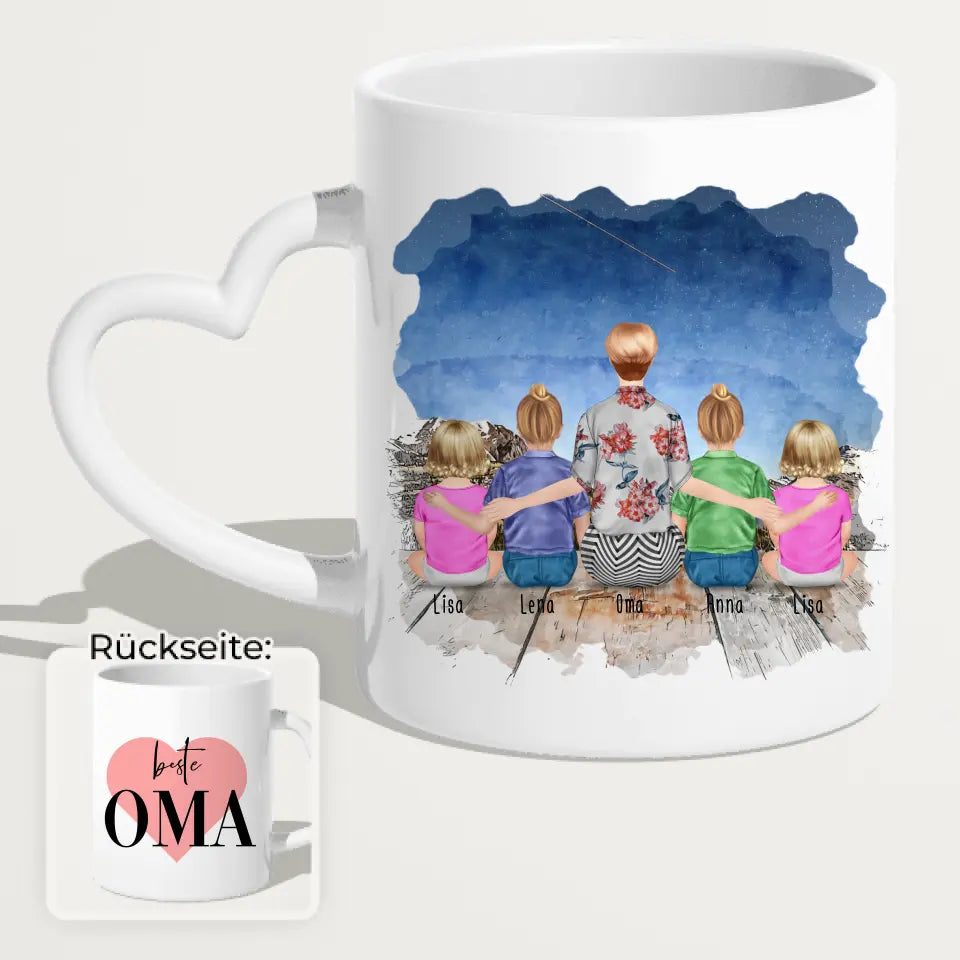 Personalisierte Tasse für Oma (2 Kinder + 2 Babys + 1 Oma)