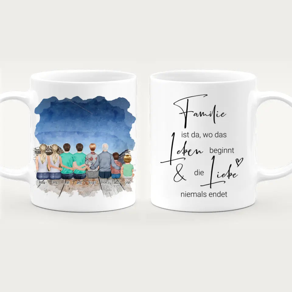 Personalisierte Tasse - 2 Frauen + 2 Männer + 1 Oma + 1 Opa + 1 Kind + 1 Baby