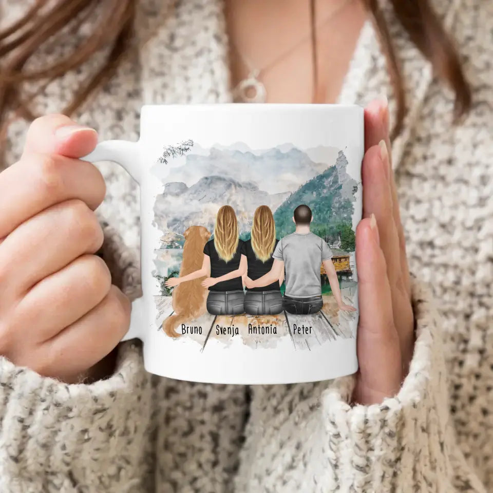 Personalisierte Tasse -  2 Frauen + 1 Mann + 1 Hund