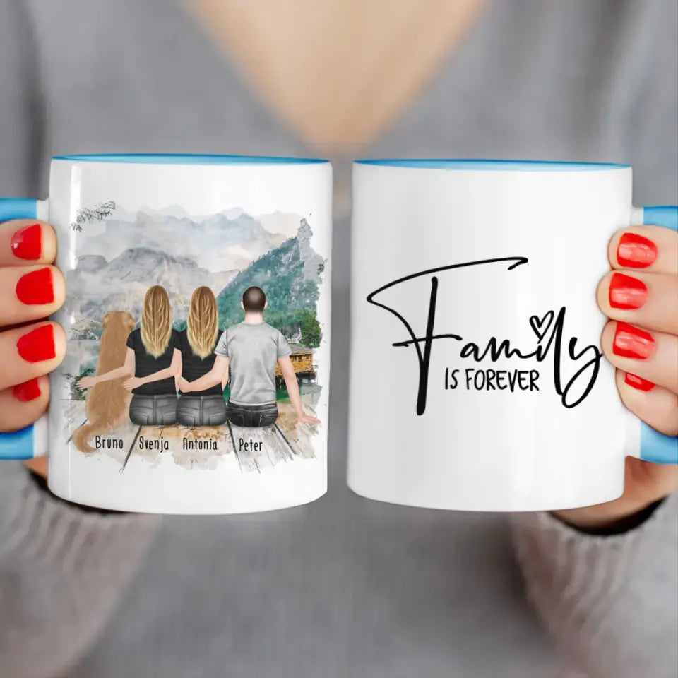 Personalisierte Tasse -  2 Frauen + 1 Mann + 1 Hund