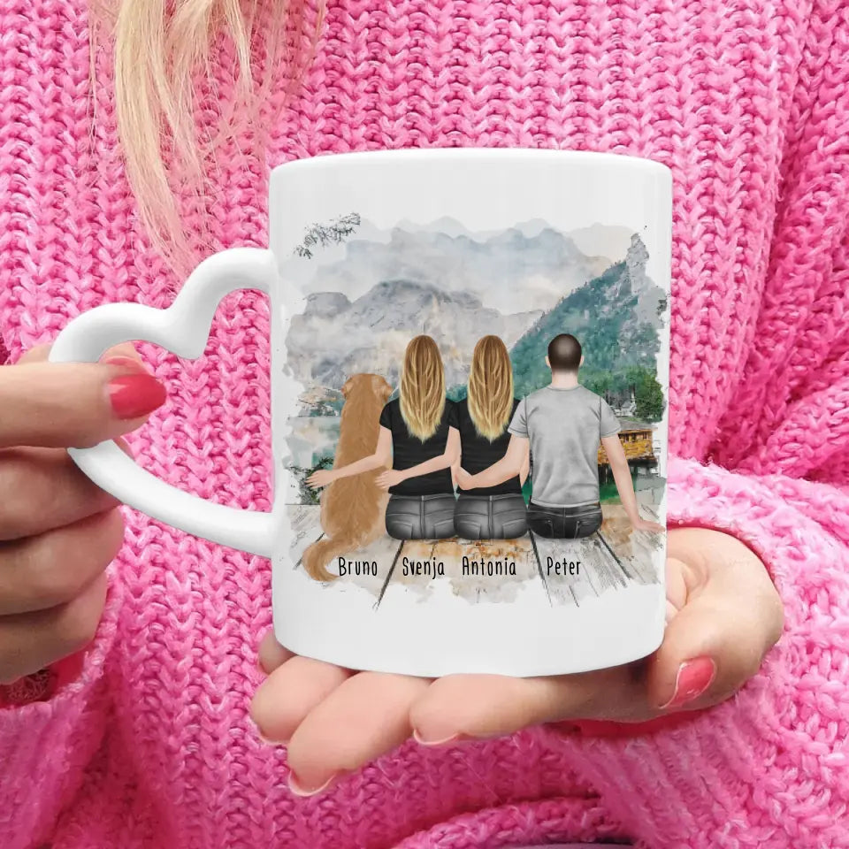 Personalisierte Tasse -  2 Frauen + 1 Mann + 1 Hund