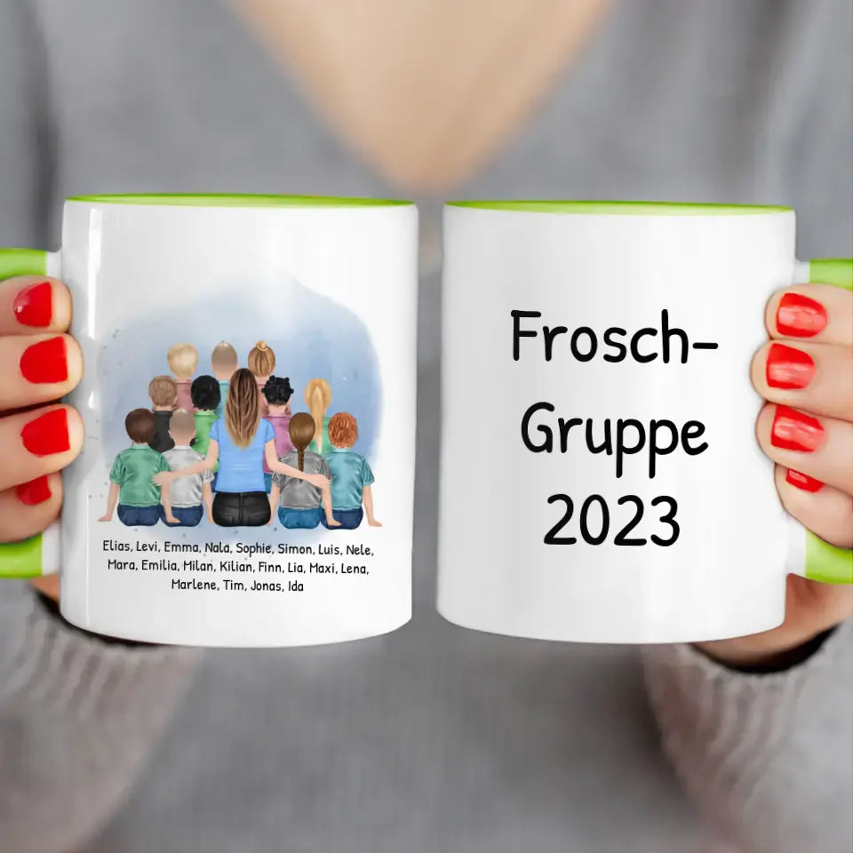 Personalisierte Tasse mit Erzieher/Erzieherin und Kindergartengruppe/Kita (11-26 Kinder)