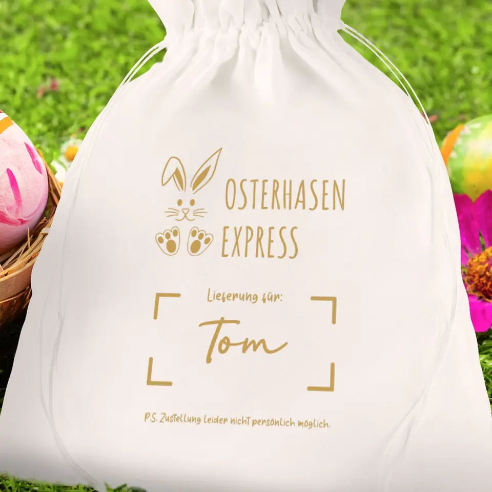 Personalisierter Zugband-Beutel für Ostergeschenke - Osterhasen Express