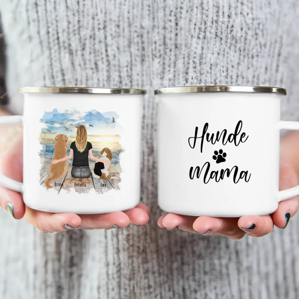 Personalisierte Tasse mit Hund und Frau (2 Hunde + 1 Frau)