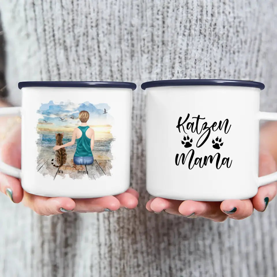 Personalisierte Tasse mit Katze und Frau (1 Katze + 1 Frau)