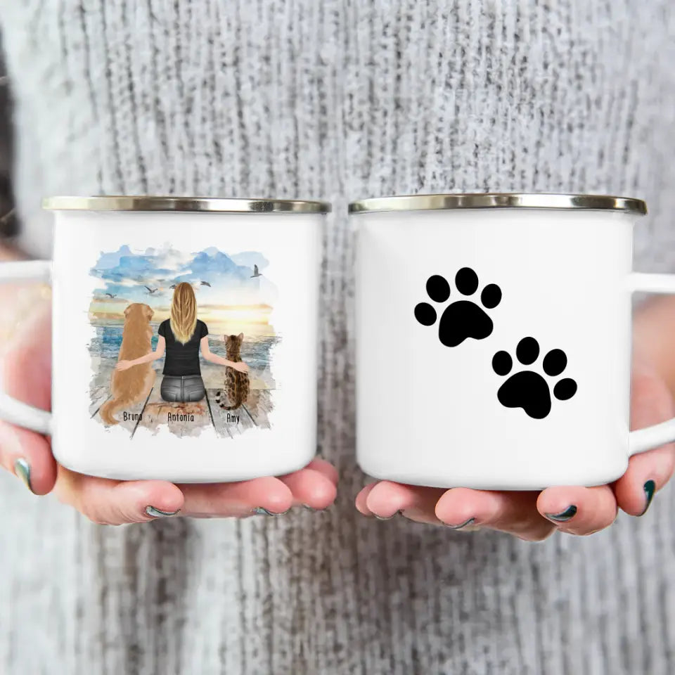 Personalisierte Tasse mit Hund/Katze/Frau (1 Hunde + 1 Katze + 1 Frau)