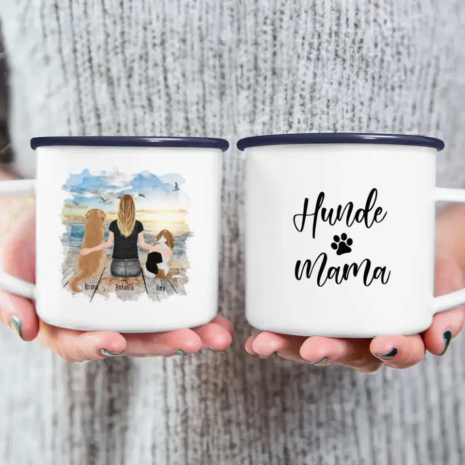 Personalisierte Tasse mit Hund und Frau (2 Hunde + 1 Frau)