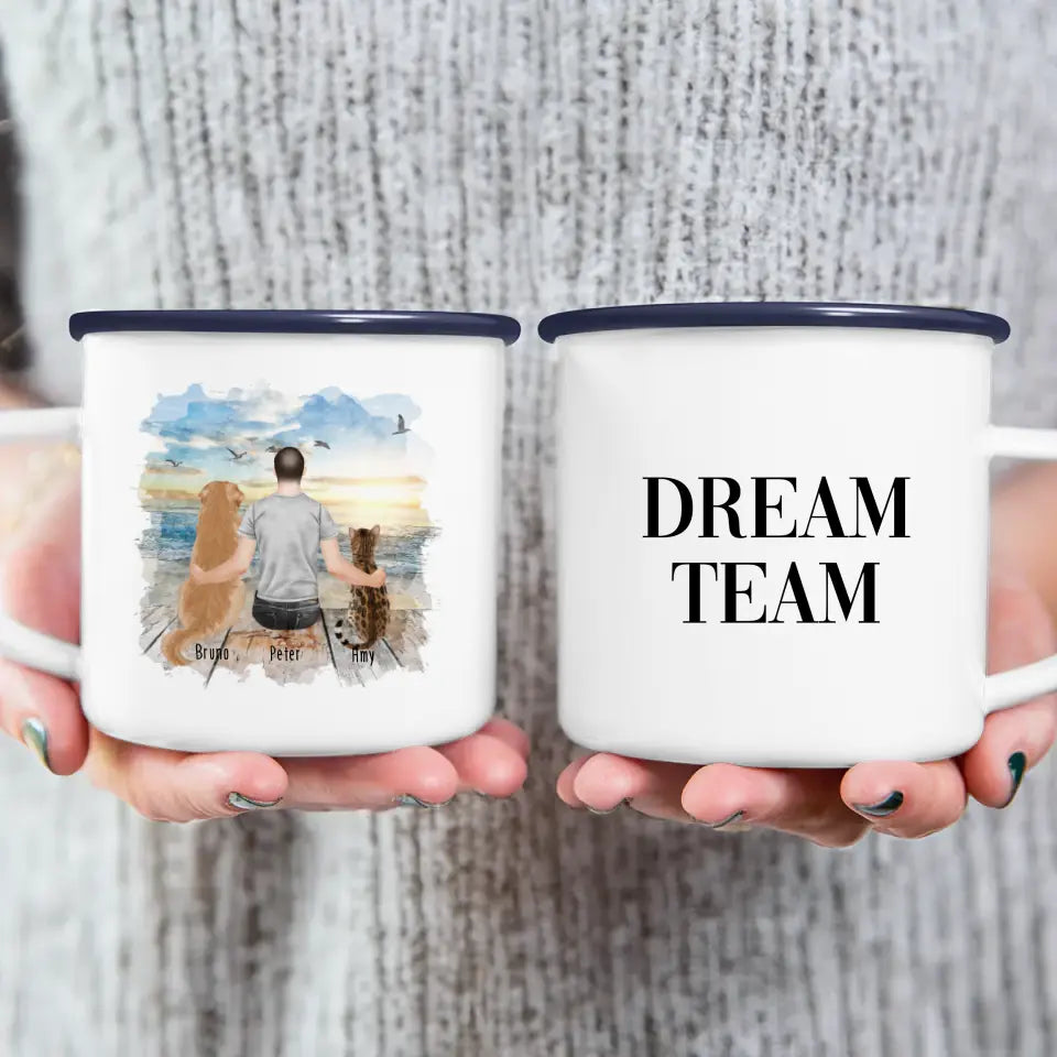 Personalisierte Tasse mit Hund, Katze und Mann (1 Hund + 1 Katze + 1 Mann)