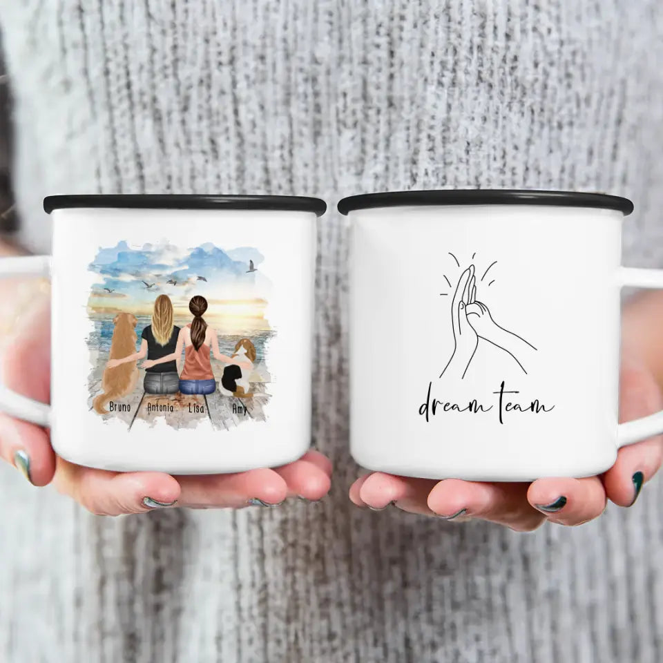 Personalisierte Tasse mit Hunden und Frauen (2 Hunde + 2 Frauen)