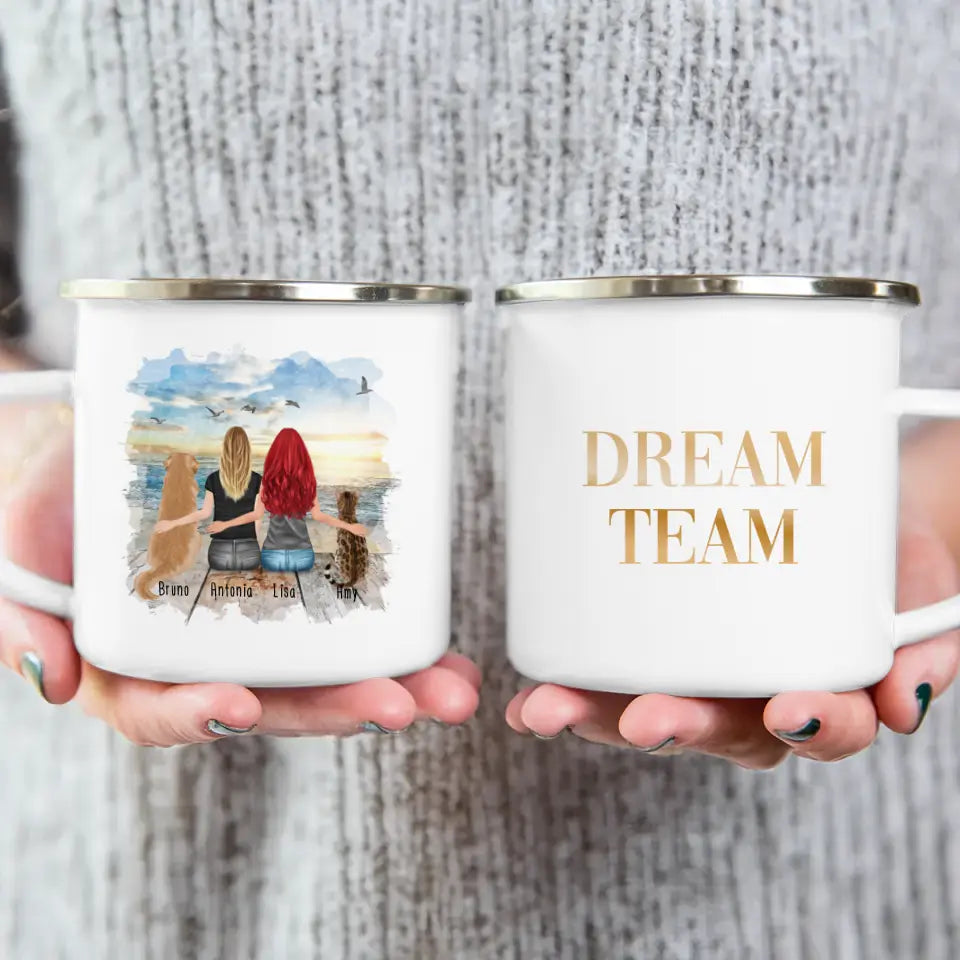 Personalisierte Tasse mit Hund, Katze und Frauen (1 Hund + 1 Katze + 2 Frauen)